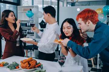 Diversity, dinner and group of people toast celebration together at party. Friends, happy and celebrate with food, wine and friendship for love, support and cheers champagne at business function