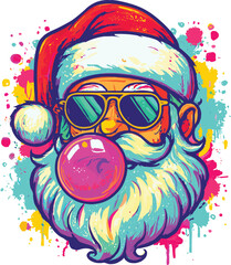 Graffiti-style Santa Claus vector illustration, colorful pop art design with bubble gum, sunglasses, multicolored beard, perfect for modern festive content