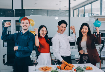 Diversity, dinner and group of people toast celebration together at party. Friends, happy and celebrate with food, wine and friendship for love, support and cheers champagne at business function