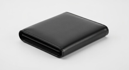 Smooth, closed black leather wallet on a white background, angled view