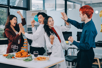 Diversity, dinner and group of people toast celebration together at party. Friends, happy and celebrate with food, wine and friendship for love, support and cheers champagne at business function