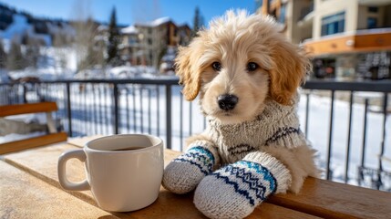 Cute puppy wearing sweater and mittens sitting on a table with a warm drink in a snowy mountain setting during winter