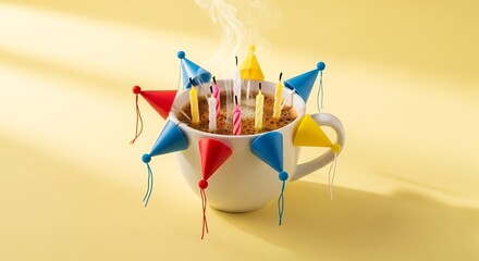 Obraz premium Festive coffee cup with party hats and birthday candles creating a fun and celebratory atmosphere