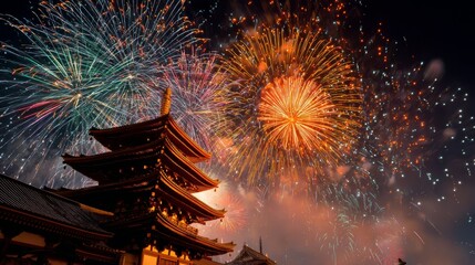 Vibrant fireworks display over traditional japanese pagoda at night