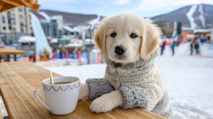 Cute golden retriever puppy in cozy sweater enjoying warm drink at snowy ski resort during winter afternoon