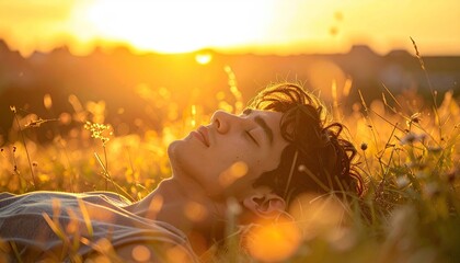 Golden Hour Serenity Young Man Lying in Grassy Field with Blinding Sunlight Outdoor Recreation and Contemplation