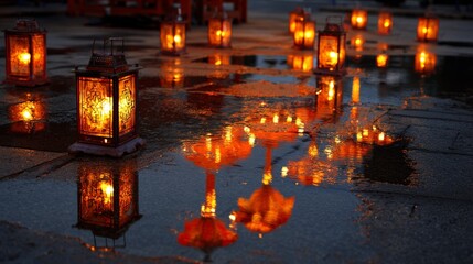 Fototapeta premium Glowing lanterns reflecting in puddles on a wet stone pathway at night