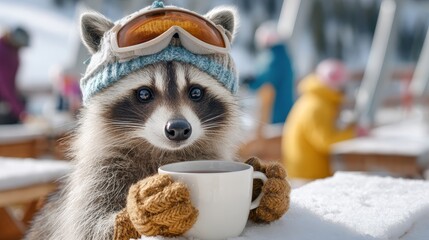 Raccoon enjoying a warm drink in a snowy winter resort with skiers in the background