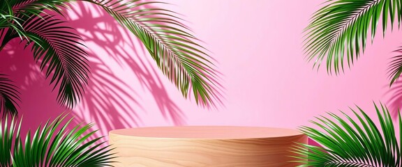 Fototapeta premium Elegant wooden podium on pink backdrop with palm leaf shadows, ready for product display, stand, branding