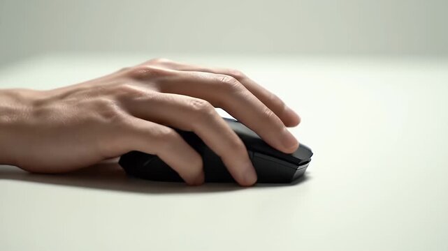 Hand Using a Wireless Mouse on a White Surface in a Studio Setting with Soft Lighting and Focus on Ergonomics and Navigation