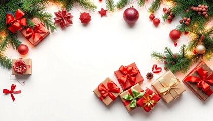 Festive frame of Christmas gifts and decorations on white background, ample copy space, texture, gifts