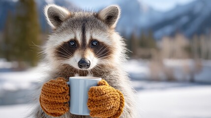 Raccoon enjoying a warm drink in a snowy mountain landscape during winter afternoon