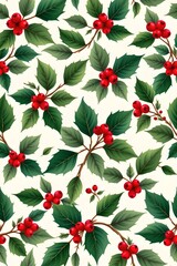 Seamless Holly Leaf Pattern with Green and Red Colors
