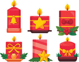 Red decorative candle vector illustration, festive wax designs with stars, bows, berries, and holiday accents, ideal for Christmas celebration content