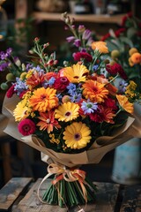 A stunning bouquet filled with vibrant flowers including gerbera daisies, asters, and others, all beautifully arranged and wrapped in brown paper, set against a rustic wooden backdrop