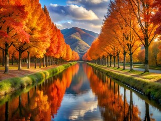 Treelined canal reflecting autumn foliage and mountains