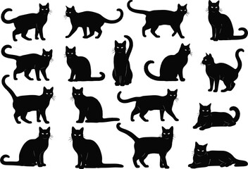 Black cat silhouette vector set, feline poses collection, sitting, walking, stretching, lying down, animal behavior illustration, pet icon bundle, isolated design