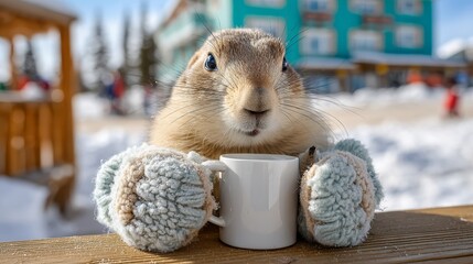 Cute animal enjoying a warm drink in a snowy mountain village during winter