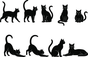 Black cat silhouette vector set, feline poses collection, walking, sitting, stretching, lying illustrations for Halloween, pet design, animal behavior, clipart