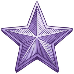 Hand drawn vector illustration of a shiny three dimensional purple star with hatched shading