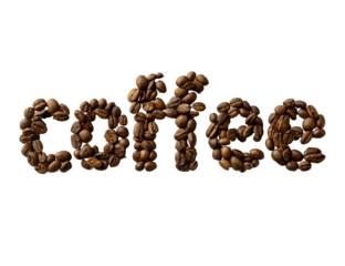 The word coffee spelled out with roasted coffee beans isolated on transparent background