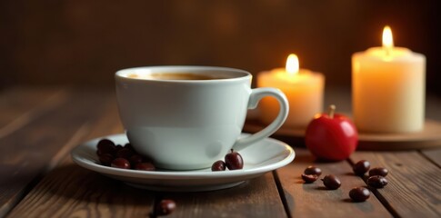 Coffee cup & candles on wooden surface, soft lighting, warm, wood