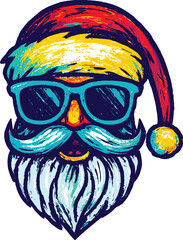Stylized Santa Claus vector illustration, festive design with colorful beard, sunglasses, red hat and bold outlines, perfect for modern holiday content