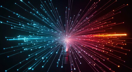 Fototapeta premium Abstract visualization of glowing fiber optic strands emanating from a central point, with blue on the left and red on the right.