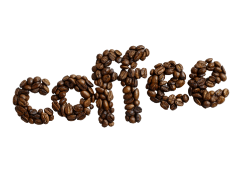 The word coffee spelled out with roasted coffee beans isolated on transparent background