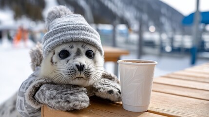 Winter scene with a playful seal in warm clothing next to a coffee cup on a snowy mountain day