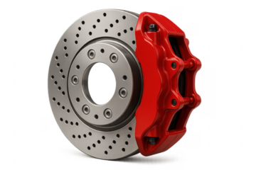 Car brake disc and red caliper on transparent background