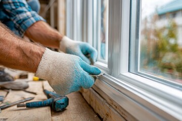 Close up on a worker's gloved hands sealing an energy-efficient window frame, ensuring a weatherproof and airtight installation for home improvement and comfort.