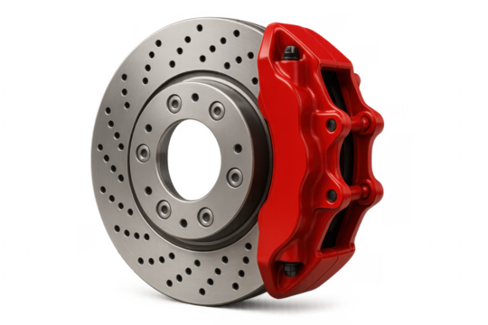 Car brake disc and red caliper on transparent background