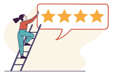 Woman climbing ladder to add a star to a rating of four stars in a speech bubble