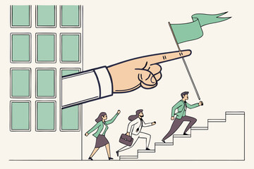 Giant hand pointing upwards, leading business people up stairs towards flag, teamwork concept