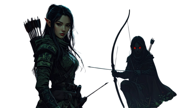 Warrior elf archer in armor holding bow isolated on transparent background - Powered by Adobe