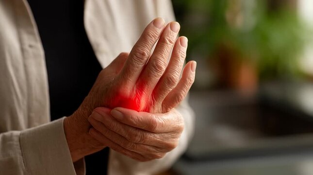 Close up of senior person holding painful hand with red highlight on thumb joint, home interior