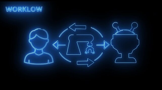 Abstract neon blue illustration of a digital workflow, showcasing the interconnected process from user interaction through a technological system to a final outcome or solution