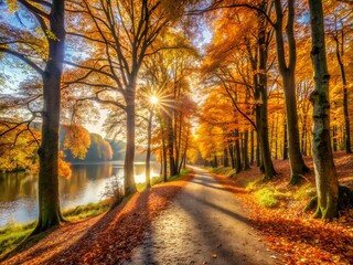 Autumn forest path with sun rays and lake