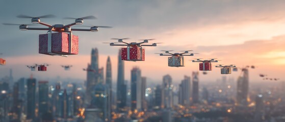 Futuristic Drone Christmas Gift Delivery City Skyline
