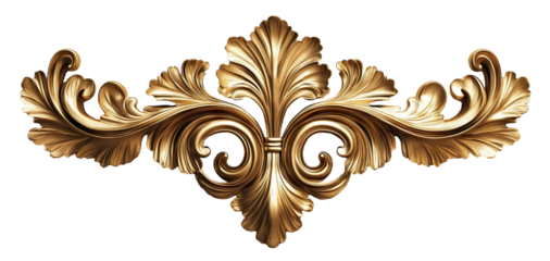 Golden baroque decorative floral ornament, isolated on transparent cutout background