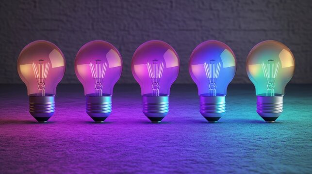 Glowing electric lightbulb symbol on bright purple and pink background representing concepts of innovation and creativity - Powered by Adobe