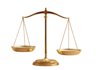 Antique brass balance scale with two empty pans on a transparent background isolated on transparent background