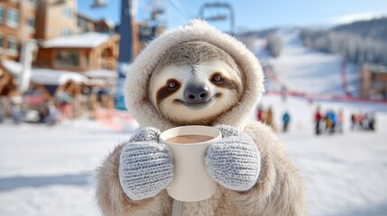Sloth enjoying warm drink on snowy ski slope with people in background during bright winter day