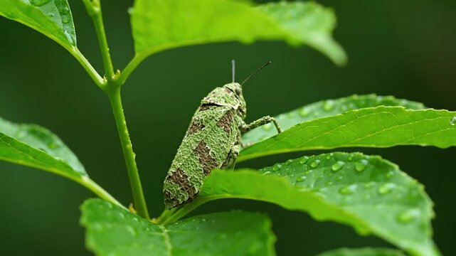 Close-up of a green leafhopper resting on a vibrant green leaf.