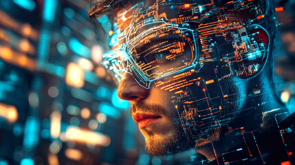 a cyber man wearing advanced glasses, symbolizing AI and cutting-edge technology. blockchain future tech concept. futuristic AI portrait digital identity