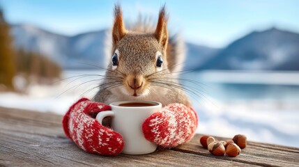 Squirrel enjoys a warm drink while sitting on a wooden table surrounded by nature in winter scenery