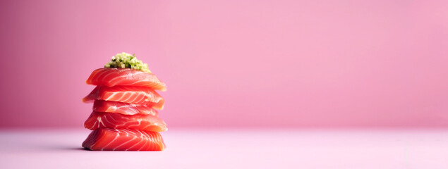 salmon stack omega 3 copy space banner. Salmon stack on the pink background with copy space. pink salmon fillet nutrition background
