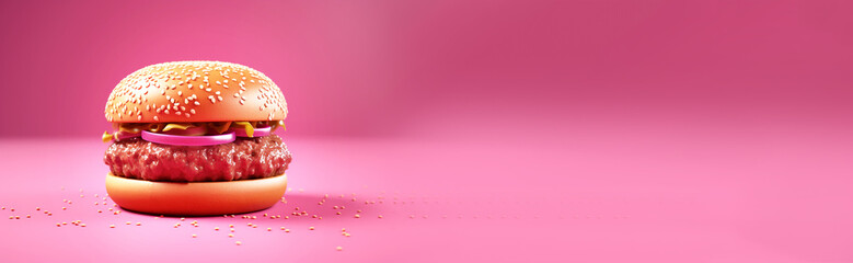 gourmet burger pink onion copy space banner. Burger on the pink background. Banner with copy space. burger with pickled onion aesthetic