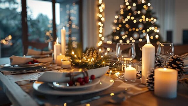 Elegant Christmas dinner table setup with candles and festive decorations.